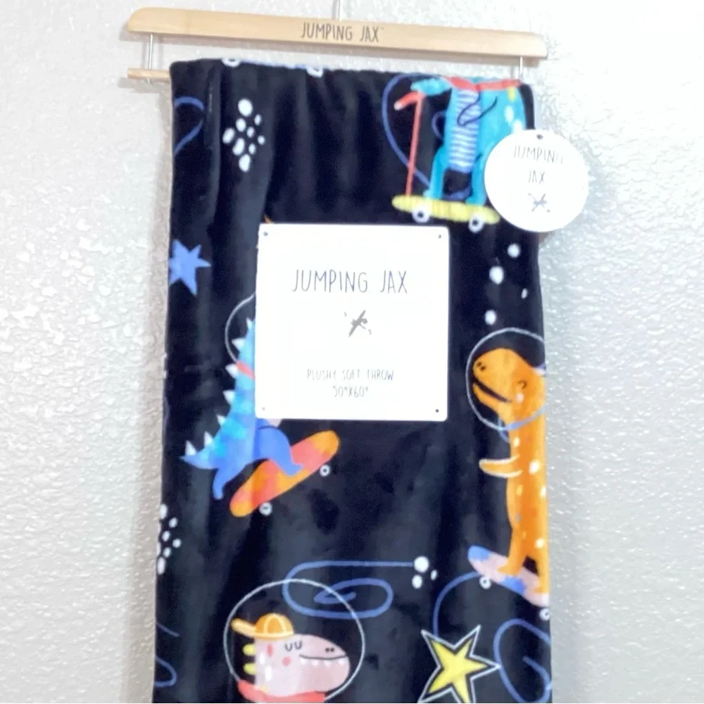 Navy Blue Dinosaurs on Skateboards Plush Throw.  NWT